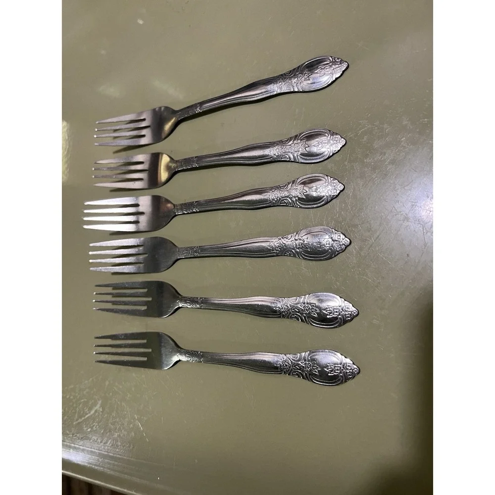 Set of 6 Stainless China dinner Forks Floral Leaves Scroll